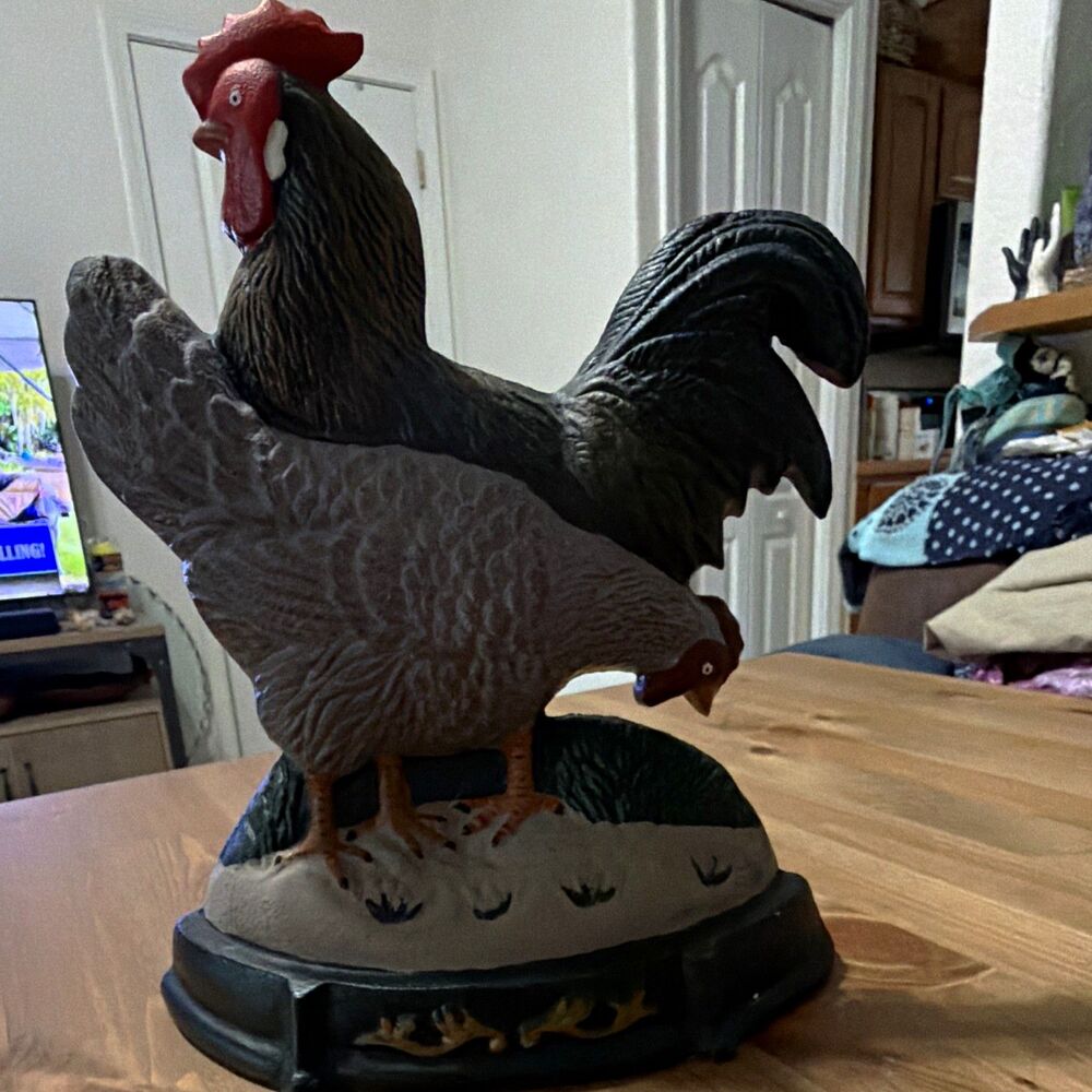 Vtg Cast Iron Rooster/Hen Doorstop Hand Painted Country Farmhouse 12"